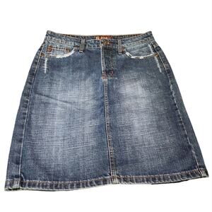 LEI Denim Skirt Y2K Blue A-Line Button‎ Fly Distressed Midi Women Size 3